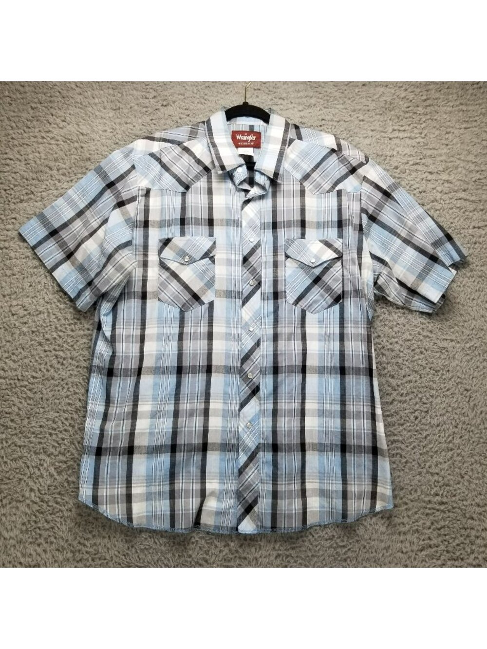 Wrangler Shirt Mens XL Blue Plaid Western Pearl Snap Short Sleeve *Read*